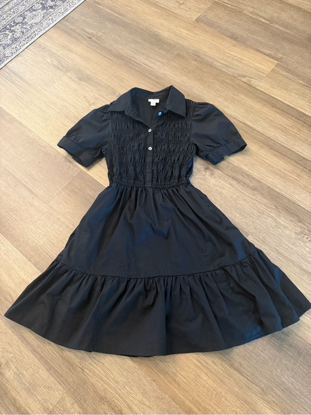 J. Crew Black Smocked Short-Sleeve Casual Dress